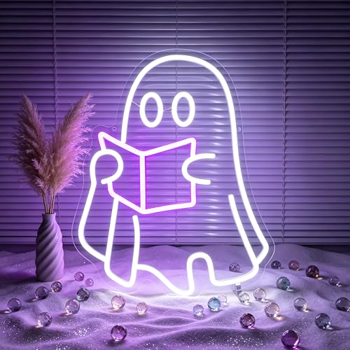 Image of White&Purple Neon Sign Led Neon Lights Signs for Wall Decor USB Powered Led Signs for Room Decoration-Ghost Read Book