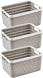 Plastic Storage Basket,3 Pcs Weave Storage Baskets storage baskets Plastic Rattan Storage Basket Set with Handles Plastic Weave Basket Desktop Storage Box for Kitchen Bathroom and Cabinet (light gray)