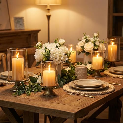 SUJUN Set of 2 Hurricane Candle Holder Set with Glass Dome & Iron Base – Elegant Decorative Pillar Candle Holders for Living Room, Dining Room & Bedroom Centerpiece - Ideal Home Décor