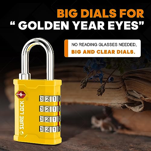SURE LOCK TSA Accepted 4 Dig Heavy Duty Big Combination Luggage Padlock All Metal Travel Lock for Equipment Hard Case Luggage Gun Case Gym Locker Pelican Vault Lock (2, Yellow) - Image 3