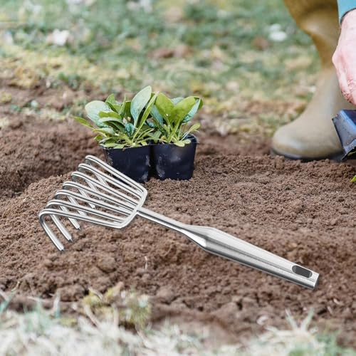 Rastrillo de mano de acero inoxidable para jardín 7 púas miniatura 5