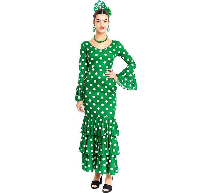 Partilandia | Disfraz de Sevillana verde con lunares blancos para mujer (Talla L)