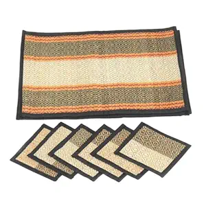 FabArtistry Set of Six Table Mats 1 Runner and 6 Coasters Reversible Handcrafted River Grass-13 Pcs (6 Seater_Black)