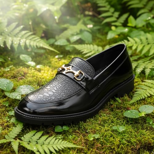 Image of Men's Black Leather Loafers with Golden Buckle - Elegant Slip-On Dress Shoes with Textured Upper & Comfort Sole for Formal & Casual Wear