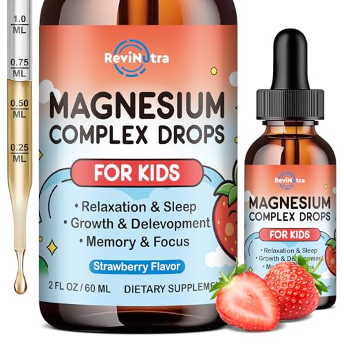 Image of Magnesium Glycinate Liquid for Kids, Kids Magnesium Drops with L-Theanine, Calcium, Zinc, Vitamin D3 K2 for Sleep, Calm, Mood, Relaxation, Focus, Brain, Bones, Strawberry Flavor 2 Fl Oz