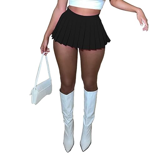 Women's Mini Pleated Skirts Sexy Club Y2k High Wiast Stretchy Tennis Skater A-line Skirt - Large - Black