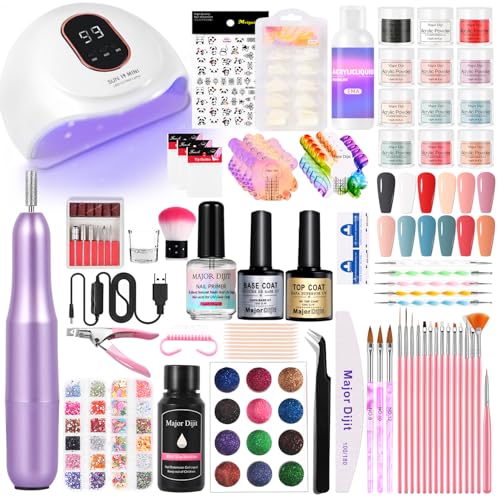 Juego de uñas acrílicas, 12 colores, con fresa de uñas, imprimación de uñas y lámpara UV para uñas de gel, kit de uñas de gel, juego de iniciación para diseño de uñas