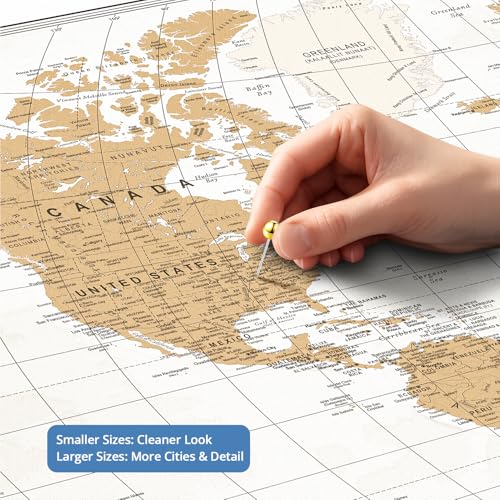 Image of IPIC - Custom Vintage World Map Canvas Wall Art, Personalized Artwork with Names and Message on, Framed Oversize Travel Map for Home, Office, or Study, Push Pin Wall Decor for Travel Lovers