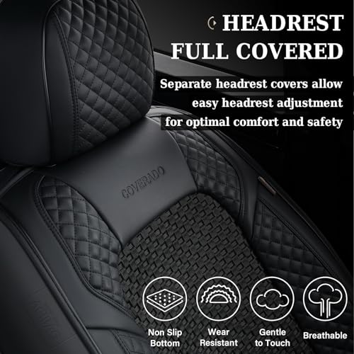Image of Coverado Seat Covers Full Set, 5 Seats Universal Seat Covers for Cars, Black Car Seat Covers Front Seats Back Seat Cover, Breathable Car Seat Cushion, Leather Seat Cover Seat Protector Fit Most Cars