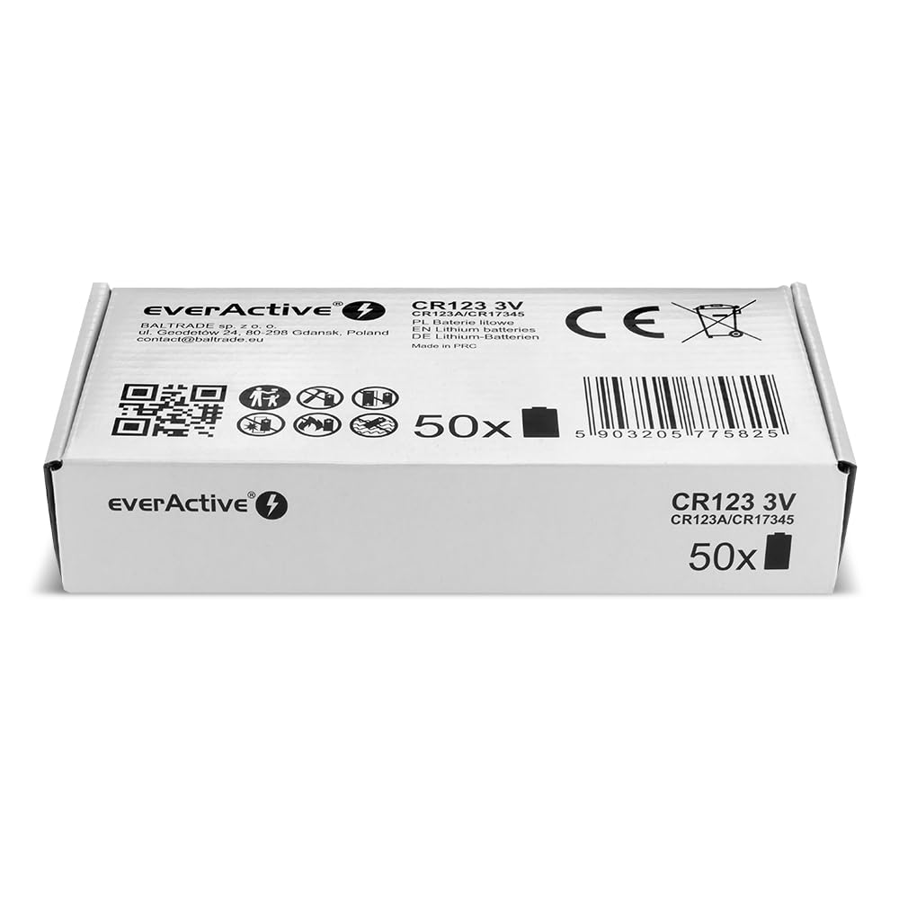 everActive 50 batterie al litio CR123 da 3 V, 10 anni