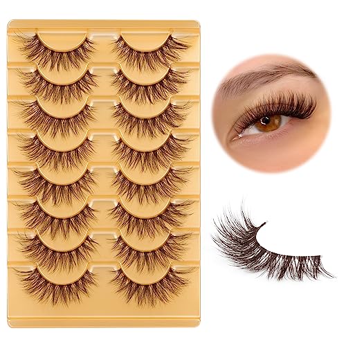 Mavphnee Brown Lashes Strip Natural Looking Cat Eye Lashes Brown Eyelashes Wispy Fluffy Clear Band Brown Eye Lash Pack 8 Pairs thumb #8