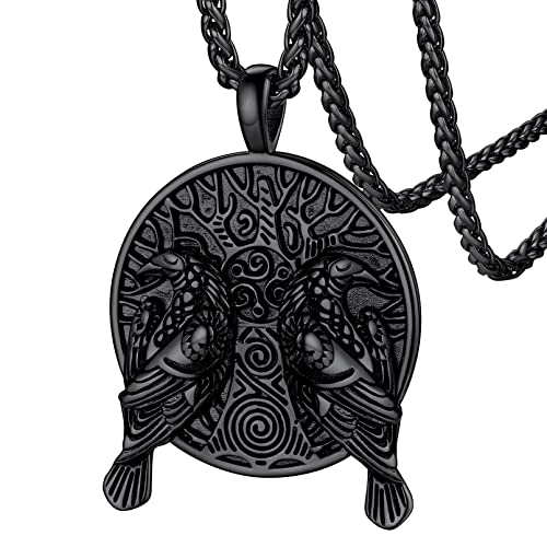 FaithHeart Viking Raven Necklace for Men, Norse Mythology Raven Skull Pendant Sturdy Stainless Steel Amulet Jewelry Gift for Men Black Celtic Knot