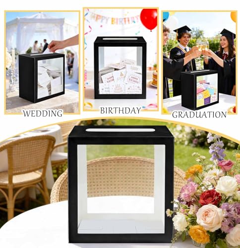 Image of SietDESEO Black Card Box for Party with Clear Window Large Gift Card Box Holder for Wedding Reception Birthday Graduation Baby Shower Raffle Ticket Box