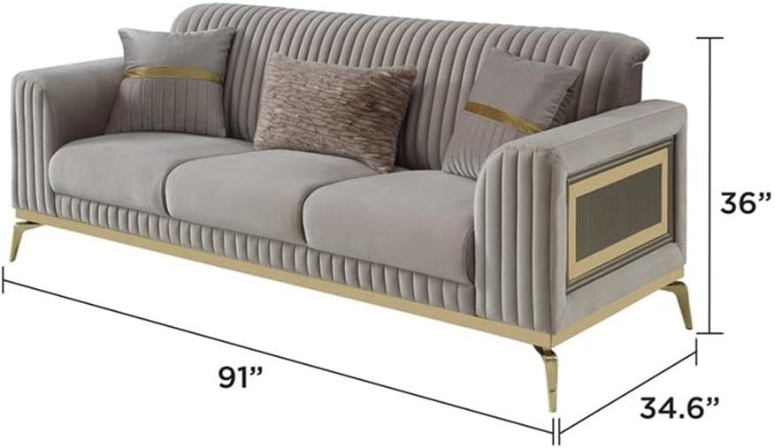 Pemberly Row Contemporary Upholstered Living Room Set, Taupe Fabric with Gold Accents, 3-Piece Sofa, Loveseat, Chair Set, Solid Wood Frame, Plush Foam Cushions, Modern Seating for Home Decor