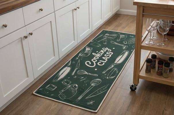 Image of HomeCloud Kitchen Rectangular Mat: Premium Anti-Slip, Soft, Washable, Designer Printed Mat for Floors, Kitchens, and Rooms - (6mm Thick, 41x122 cm and 41x61cm) (Cooking Time Green)
