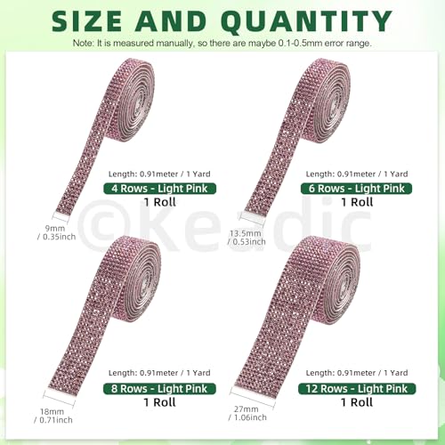 Keadic 4 Stück Selbstklebendes Kristall Strass Band 4 verschiedene Breiten 3,5 Zoll lange Diamant Self-Adhesive Crystal Rhinestone Ribbon Crystal Rhinestone Ribbon Diamond Bling Ribbons (Rosa)
