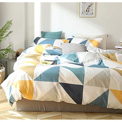 GETIYA Yellow Blue Triangle Pattern Single Duvet Cover Set Checkered Quilt Cover Contrast Color Plaid Bedding Set with Zipper 100% Cotton Reversible Comforter Cover with Pillowcase 50x75cm Cover