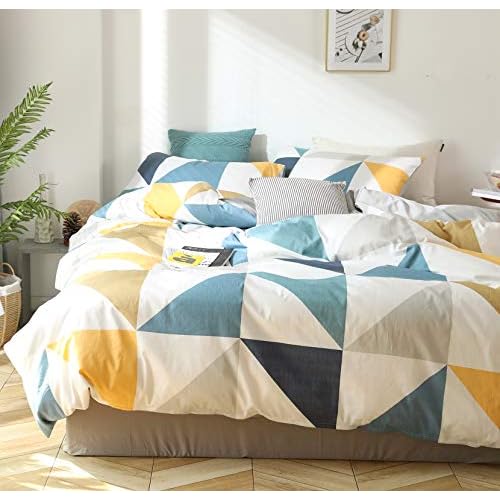 GETIYA Bettwäsche 135x200 2 Teilig Blau Gelb Dreieck Muster Bettwäsche Jungen Mädchen Geometrische Bettwäsche Baumwolle Zweiteilig Deckenbezug Wendebettwäsche mit Reißverschluss und Kissenbezug 80x80