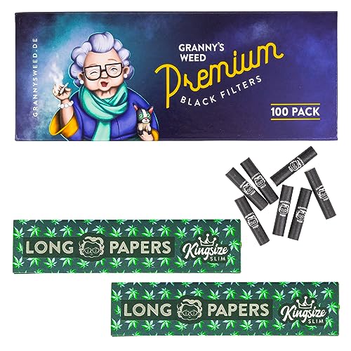 Granny\'s® Slim Aktivkohlefilter Set 100 Stück & Long Papers 2 Stück | Ø 5.9 mm Filtertips | 108 x 45 mm organic Hanf King Size Long Papers | Kohlefilter für Selbstdreher (100 Filter Black + 2 Papers) Granny\'s® Slim Aktivkohlefilter Set 100 Stück & Long Papers 2 Stück | Ø 5.9 mm Filtertips | 108 x 45 mm organic Hanf King Size Long Papers | Kohlefilter für Selbstdreher (100 Filter Black + 2 Papers)