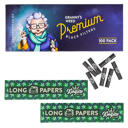 Granny\'s Slim Aktivkohlefilter Set 100 Stück & Long Papers 2 Stück | Ø 5.9 mm Filtertips | 108 x 45 mm organic King Size Long Papers | Kohlefilter für Selbstdreher (100 Filter Black + 2 Papers)