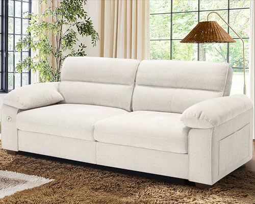 Image of WorthFurni Sofas for Living Room, Chenille Pillow-Armrest Loveseat Couch Set, Small Sofa, 3 Seater Sofa, USB Charging, Removable Sofa Cover, Solid Wood Frame, Easy to Install (90.5 inch, Beige)