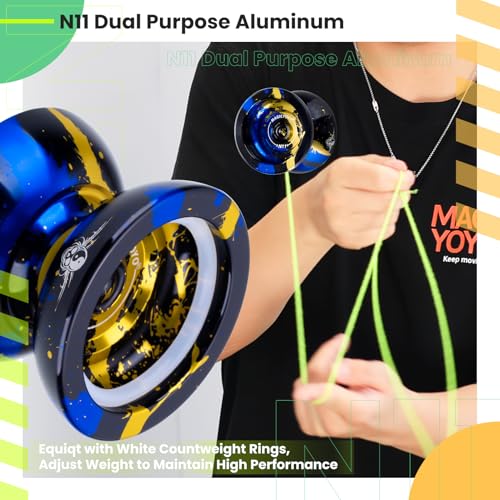 Image of MAGICYOYO N11 Professional Unresponsive Yoyo N11 Dual Purpose Alloy Trick YoYo Ball with Bag, Glove, 12 Strings and Responsive Bearing Kit (Black Blue Yellow)