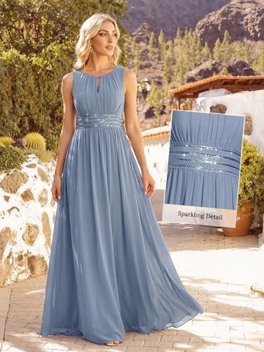 Image of Ever-Pretty Women's Chiffon Sleeveles Summer Formal Wedding Guest Dresses Ruched A Line Hollow Out Crew Neck Bridesmaid Dress