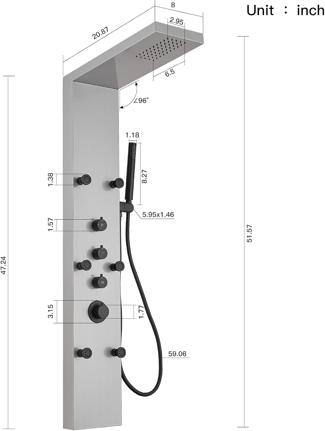 Brushed Nickel Shower Panel Tower System with Rainfall Shower Head Handheld Shower Wand Body Spray Stainless Steel 3 in 1 Multi-Function Shower Panel