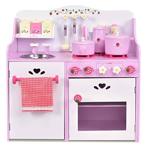 DREAMADE Kinderküche Spielküche aus Holz mit Spielzubehör, Kinderspielküche mit Waschbecken Herd Backoffen, Holzküche Spielzeugküche für Kinder ab 3 Jahren, 60 x 30 x 62 cm