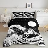Erosebridal Moon Bedding Set Twin,Ocean Waves Comforter Set Mountain Fuji Down Comforter Japanese Style Quilt Duvet Marine Coastal Nautical Theme Duvet Insert White Black 3D Printed Decor for Bedroom