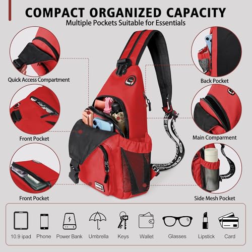 Image of Geestock Convertible Sling Bag for Women Men, Lightweight Crossbody Backpack Daypack Chest Bag Fit 10.9 inch Tablet for Travel, Sport, Hiking & Commute, Red, 8.27inx3.94inx13.39in