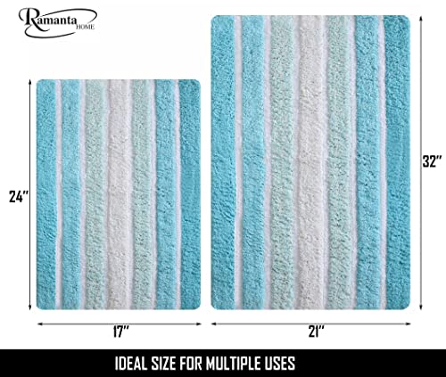 Ramanta Home 2-Piece Cotton Alpine Stripe Bath Rug Set - 100% Cotton Bath Mat Rug - 21x32/17x24 - Soft Absorbent Machine Washable - Aqua Turquoise - Image 4