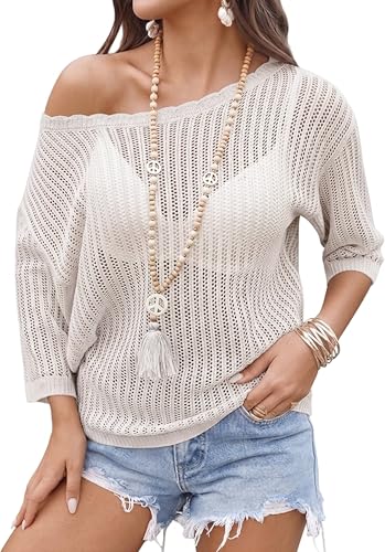 Image of Zeagoo Womens Summer Tops Crochet Sweaters Resort Wear 3 /4 Sleeve Hollow Out Knit Tops 2026 Beach Coverup