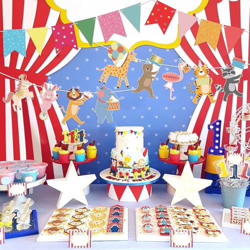 Image of Hooqict Animal Party Banner with Colorful Pennant Banner Flag Animal Parade Birthday Decorations Happy Birthday Garland for Kids Girls Boys Zoo Carnival Circus Party Decorations Supplies