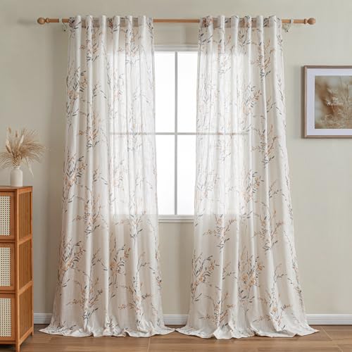Image of MYSKY HOME Floral Sheer Curtains 95 Inch Long Linen Blended 2 Panels Yellow