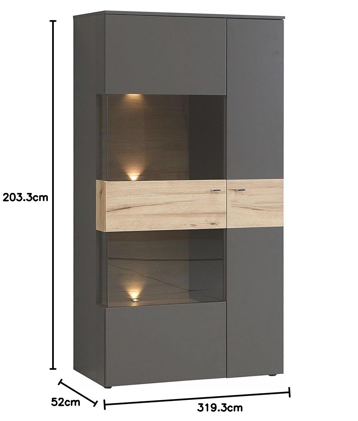 Forte Como Wohnwand 320, Moderne Wohnwand mit 5 Türen, 1 Schublade, Schrankwand, Holzwerkstoff, Uni Wolfram Grau/Stabeiche Holzdekor, 319,3 cm breit x 203,3 cm hoch x 52 cm tief