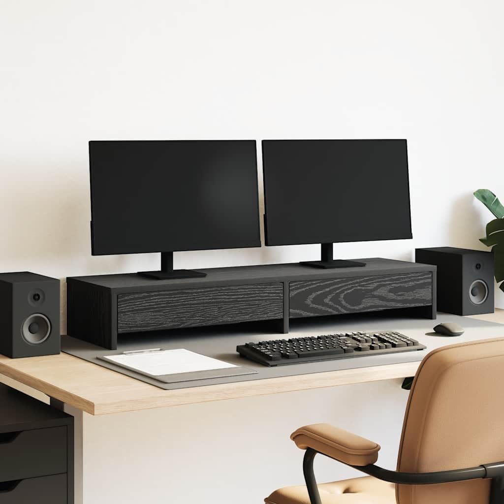 Gecheer Supporto per Monitor Doppio con Cassetti, 100 x 27 x 15 cm, in Legno Tecnico, Rovere Nero, per Scrivania Ufficio e Home Office
