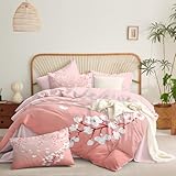 CCoutueChen Cherry Blossom Comforter Set Queen Size, Pink Botanical Floral Microfiber Comforter for Women Bedroom Decor - 3Piece Soft Reversible Bedding Set with 2 Pillowcases,90 * 90