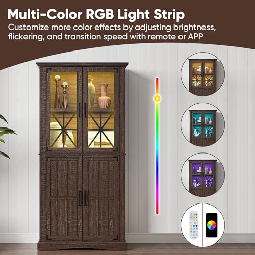 69-Tall-Farmhouse-Storage-Cabinet-Retro-Display-Cabinet-with-RGB-Lights-Freestanding-Kitchen-Pantry-Cabinet-with-2-Glass-Door-Cabinets-for-Kitchen-Living-Room-Home-Office-Brown 69 Tall Farmhouse Storage Cabinet Retro Display Cabinet with RGB Lights Freestanding Kitchen Pantry Cabinet with 2 Glass Door Cabinets for Kitchen Living Room Home Office Brown