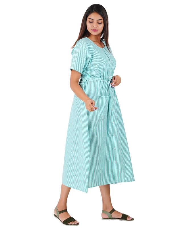 Image of Women's [L-4XL] Full Open /Front Buttoned [a kind of Adaptive Clothing]Multipurpose Nighty for Maternity /Pregnancy /Elderly /Patient /Feeding /Hospital Purpose Nighty(Green Stripes XXL / Calf Length