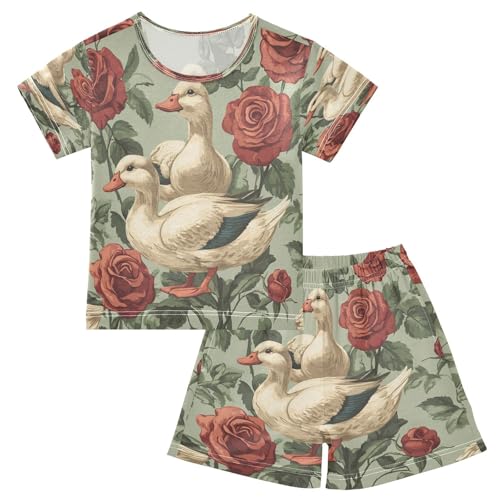 Pajama Sets Short Sleeve Ducks Among Roses Pattern Soft Cotton Summer Sleepwear 2 Piece PJS Size 5-14T