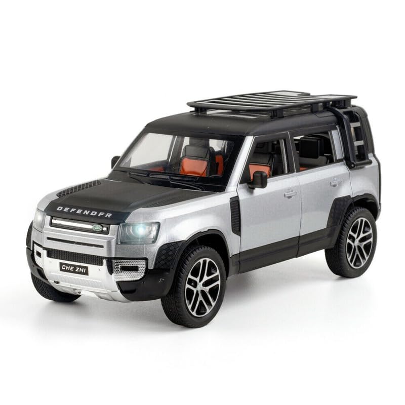 Image of 1:24 Land Rover Defender Alloy Diecast Model Car, Pull Back Vehicle with Openable Doors, Sound & Light Effects, Toy for Kids, for Car Enthusiasts and Collectors. (Silver)
