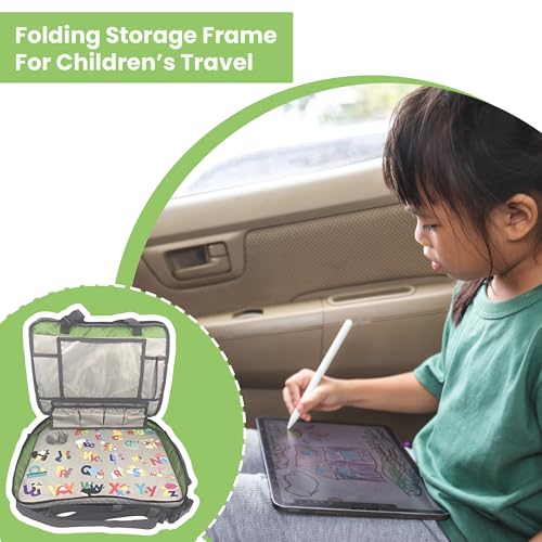 Image of Kids Travel Tray - Essential 3 in 1 Convenient Convertible Car Seat Travel Tray for Kids - Organizer (Gray & Lime Green)