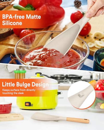 Image of Cooking Spoon for Nonstick Cookwares, Great for Cooking and Serving Durable BPA-Free Matte Silicone, Wood Handle Spoon for Mixing, Scoop, and Scrape