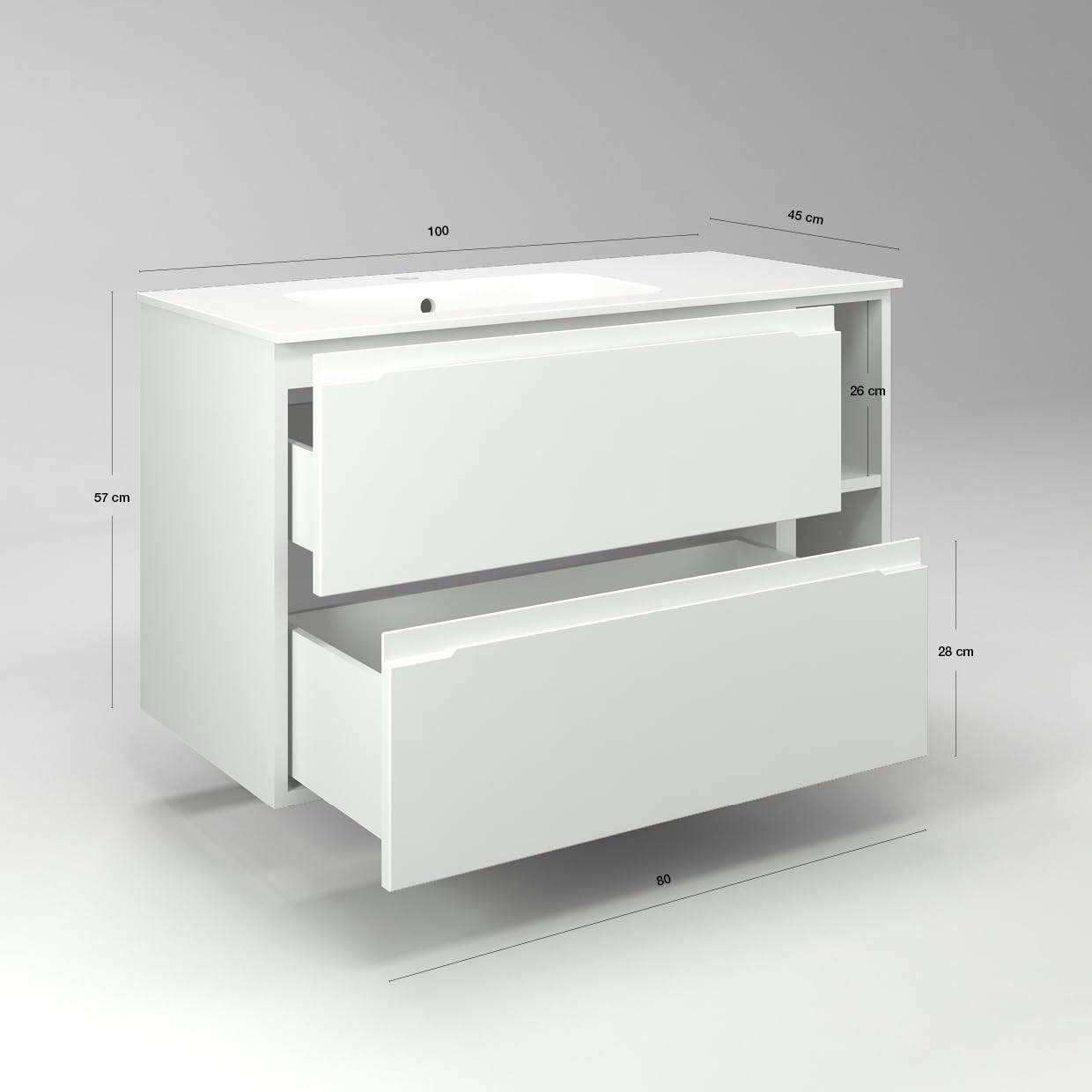 Diventa Modello Diva Star, Mobile Bagno sospeso 100cm con 2 cassetti spaziosi, 2 vani a giorno e lavabo dal design moderno, colore bianco e grigio