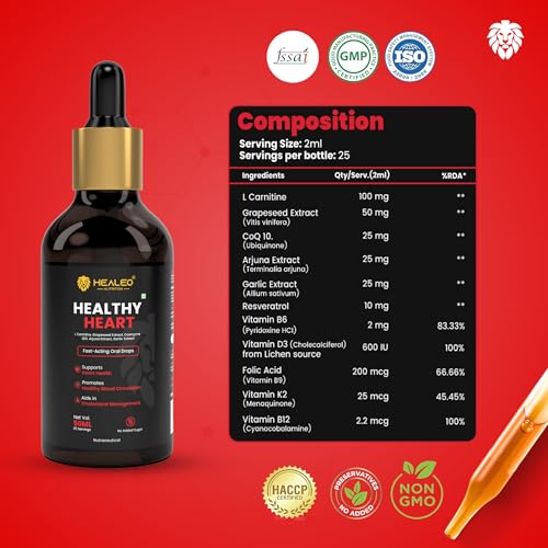 Image of Healeo Healthy Heart Drops 50ml - Fast-Acting Liquid Supplement with CoQ10, Arjuna, Grapeseed Extract, L-Carnitine - Supports Cholesterol, Blood Pressure & Circulation, No Sugar, Non-GMO