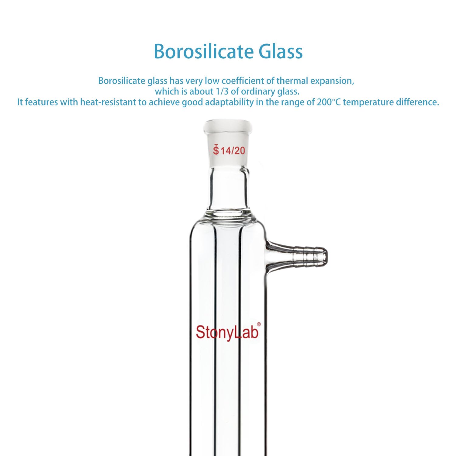 stonylab Condenseur Liebig, Condenseur en Verre Borosilicaté avec Joint 14/20 Longueur de Veste de 200 mm Condenseur en Verre de Laboratoire