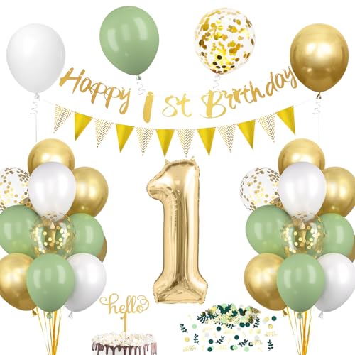 1. Geburtstag Deko Set Salbeigrün - Luftballon Girlande mit Tortendeko...