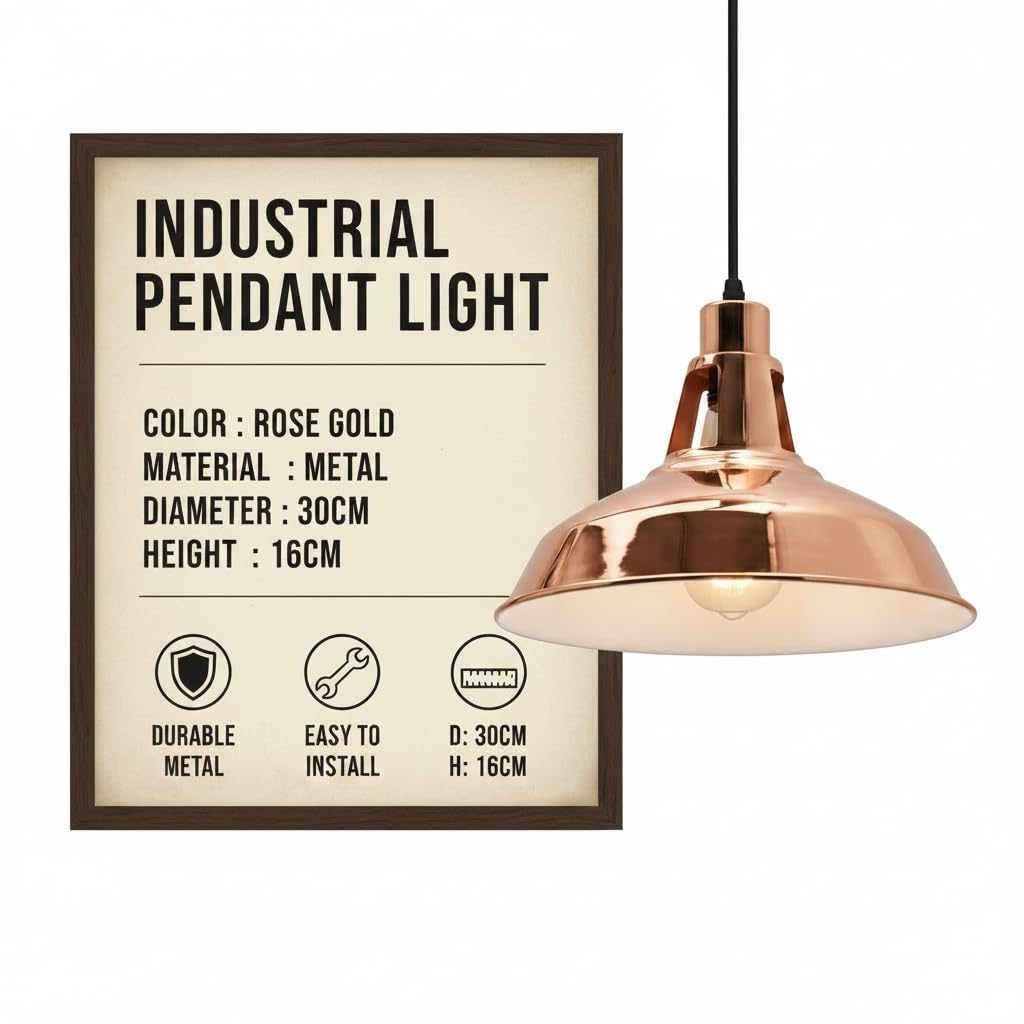 LEDSone Industrial Pendant Light, Rose Gold Metal Ceiling Hanging Lamp with Adjustable Cable, E27 Vintage Loft Style Pendant Lamp for Kitchen Island, Dining Room & Bedroom