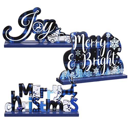 Blulu 3 Christmas Centerpieces for Tables Blue Merry Christmas Table Decorations Tabletop Wooden Sign Farmhouse Winter Centerpieces for Holiday Party Indoor Decor